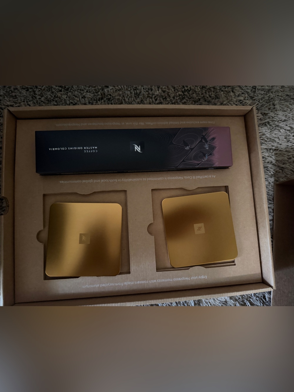 Nespresso Gold Square Coaster Set with Black Coffee Sleeve